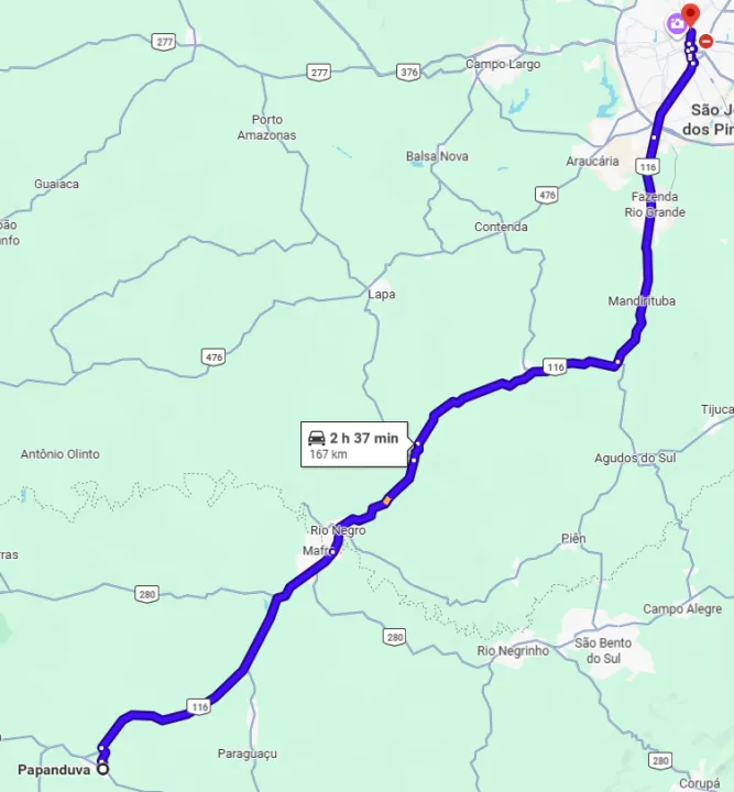 Trajet&oacute;ria de uma viagem de Papanduva &agrave; Curitiba